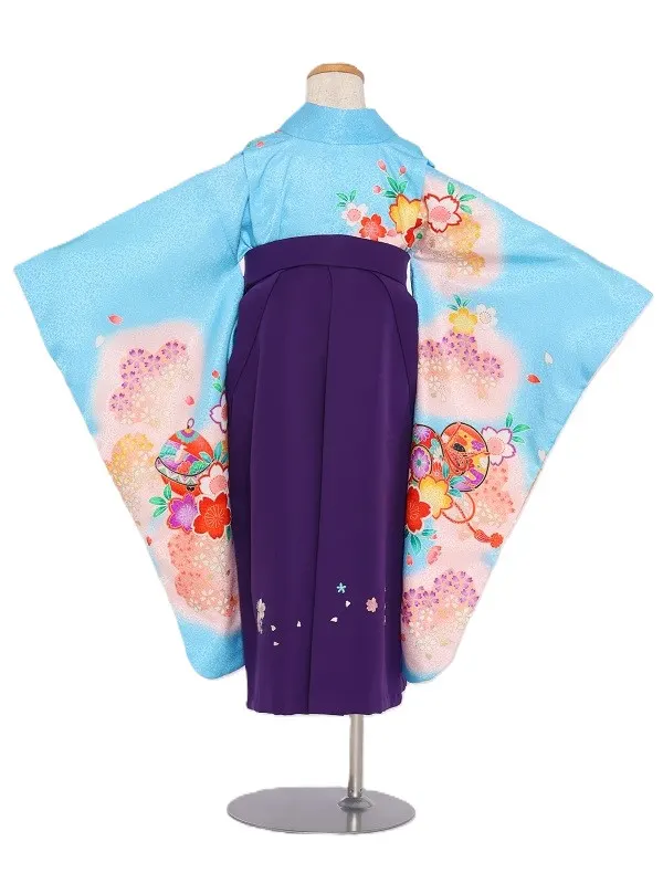 女児袴(5女)556水色にうすﾋﾟﾝｸぼかし鈴に桜×紫袴