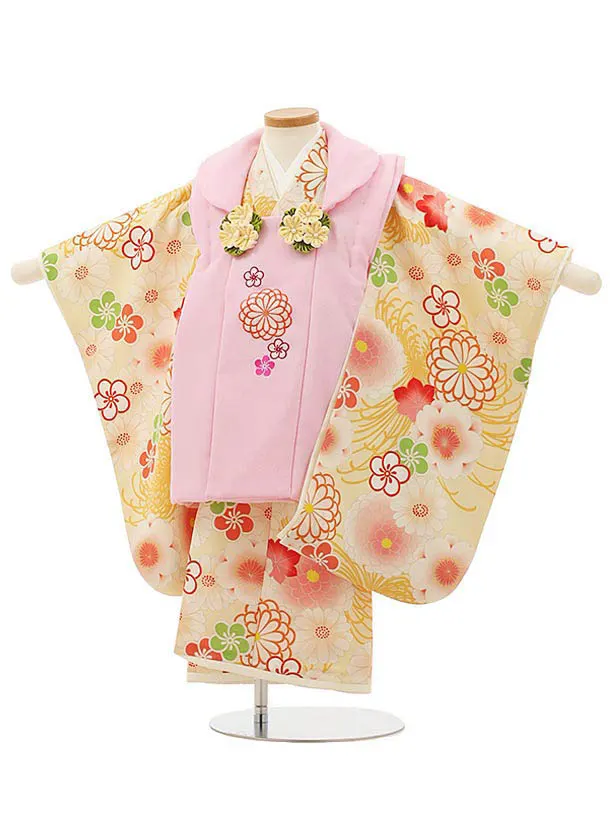 RENCA(3歳女児被布)3004ピンク 刺繍菊x薄黄色 菊づくし