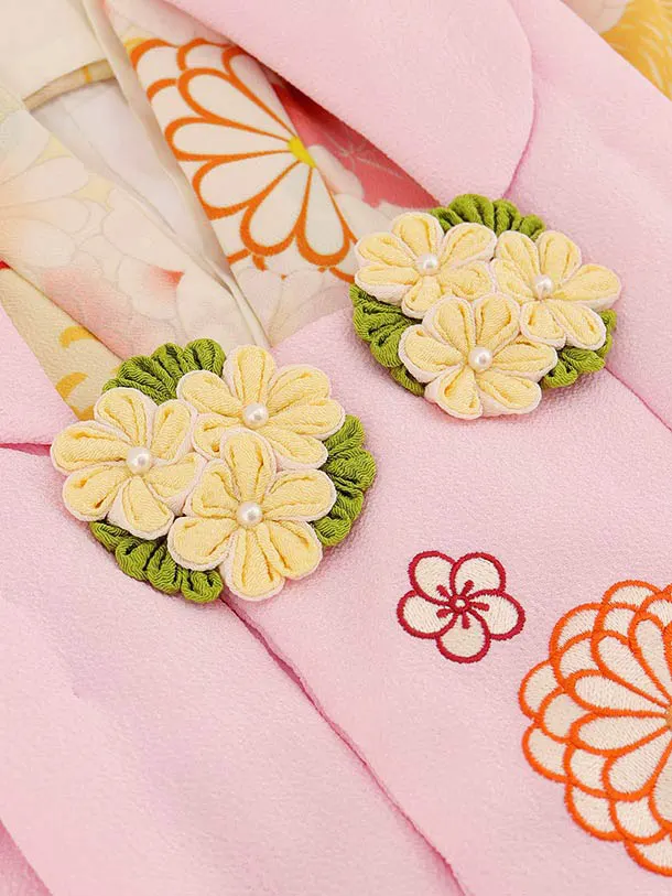 RENCA(3歳女児被布)3004ピンク 刺繍菊x薄黄色 菊づくし