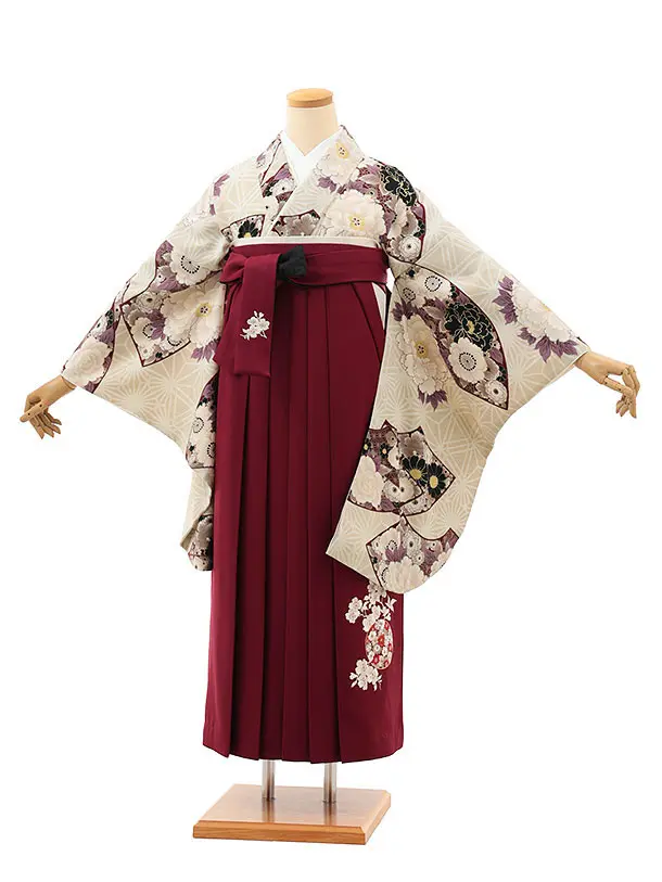 九重　ベージュ地に牡丹と華扇×エンジ  0068／RENCAセレクション