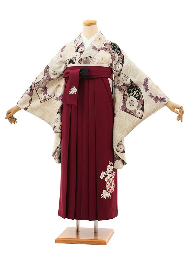 九重　ベージュ地に牡丹と華扇×エンジ  0068／RENCAセレクション