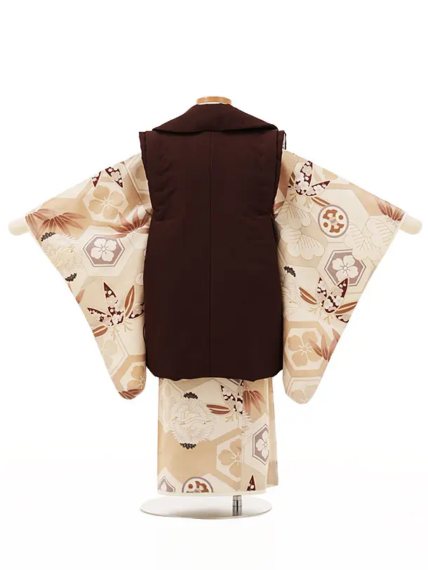 RENCA(3歳男児被布)3012ブラウンx生成ベージュ 松竹梅亀甲紋