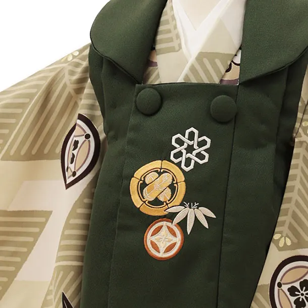 RENCA(3歳男児被布)3015緑xモスグレイ 菱文様に紋