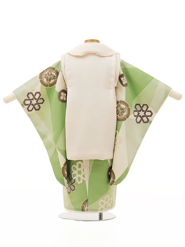 RENCA(3歳男児被布)3027ベージュx黄緑白 変わり柄 紋