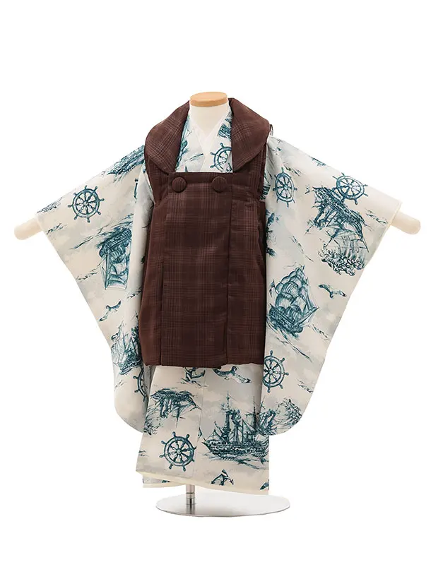 RENCAセレクション(3歳男児被布)3031チョコブラウン×アイボリー地 帆船