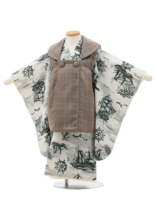 RENCAセレクション(3歳男児被布)3034サンドベージュ×アイボリー地 帆船