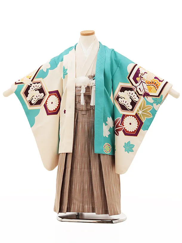 RENCA(5歳男袴)かんたん七五三5009 あさぎ色/亀甲紋に鷹x薄茶袴