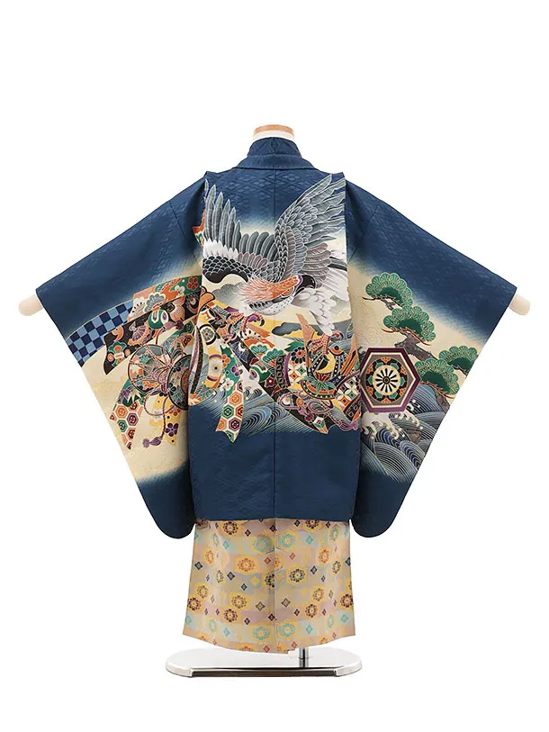 RENCAセレクション(5.6歳男袴)かんたん七五三5022紺鷹×ベージュ紋袴