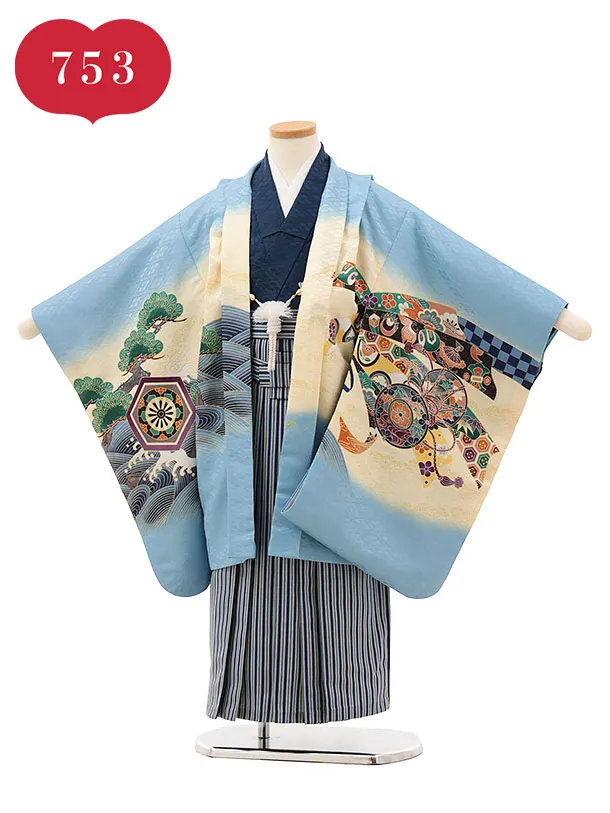 RENCAセレクション(5.6歳男袴)かんたん七五三5024水色鷹×紺縞袴