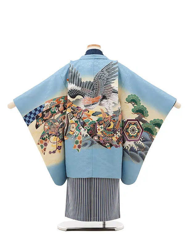 RENCAセレクション(5.6歳男袴)かんたん七五三5024水色鷹×紺縞袴