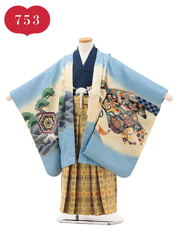 RENCAセレクション(5.6歳男袴)かんたん七五三5026水色鷹×金紋袴