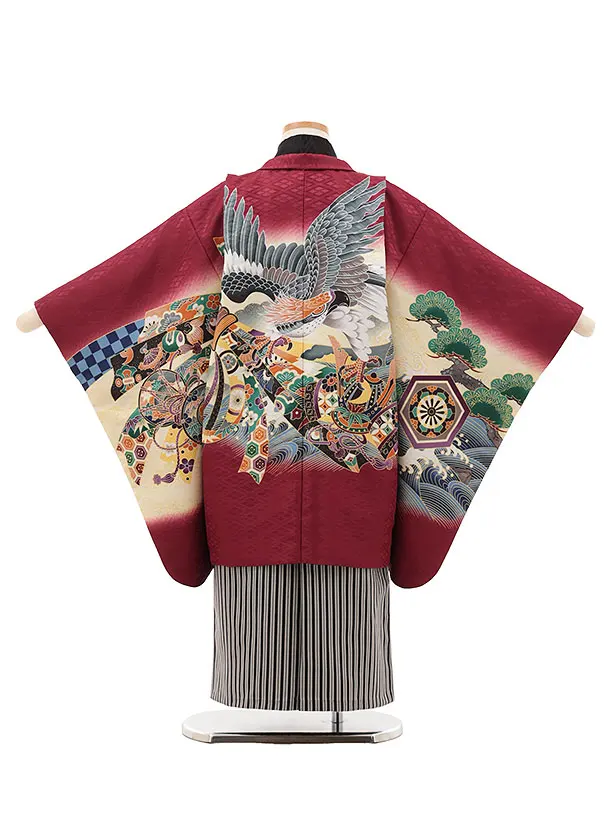 RENCAセレクション(5.6歳男袴)かんたん七五三5031臙脂鷹×黒縞袴