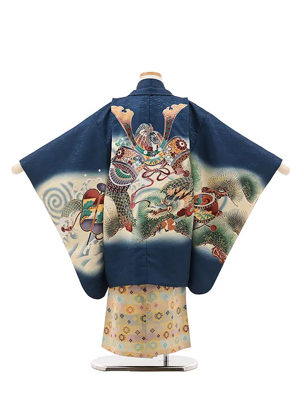 RENCAセレクション(5.6歳男袴)かんたん七五三5036紺兜×ベージュ紋袴