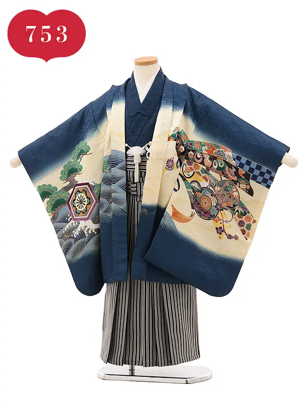 RENCAセレクション(5歳男袴)かんたん七五三5045紺鷹×黒縞袴