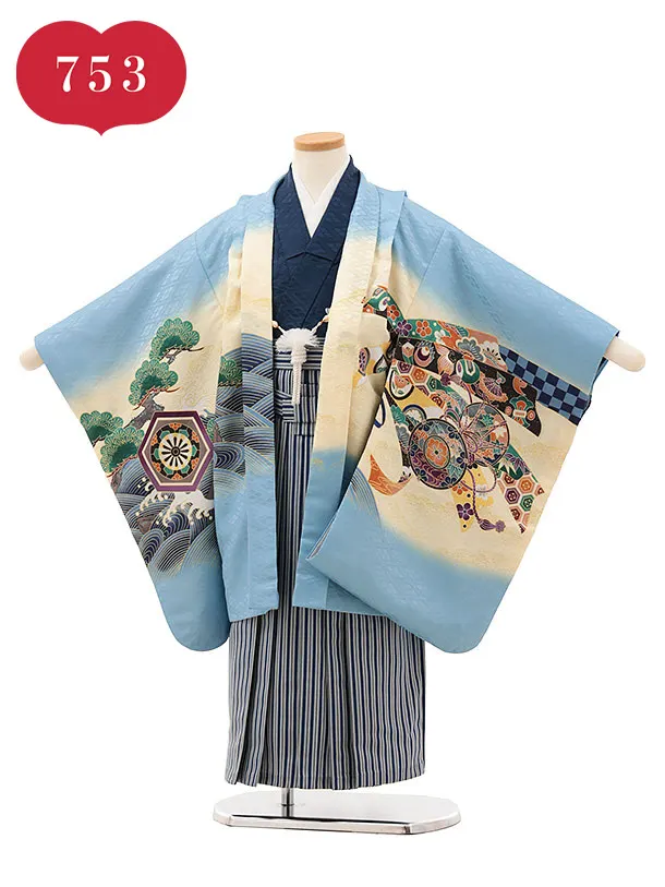 RENCAセレクション(5歳男袴)かんたん七五三5048水色鷹×紺縞袴