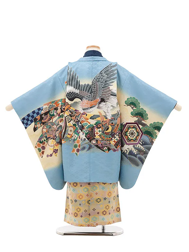 RENCAセレクション(5歳男袴)かんたん七五三5049水色鷹×ベージュ紋袴