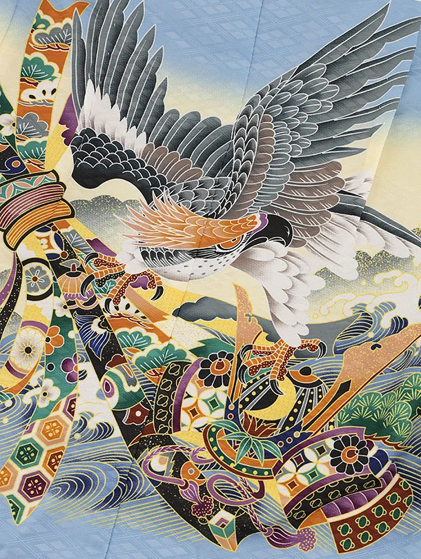 RENCAセレクション(5歳男袴)かんたん七五三5049水色鷹×ベージュ紋袴