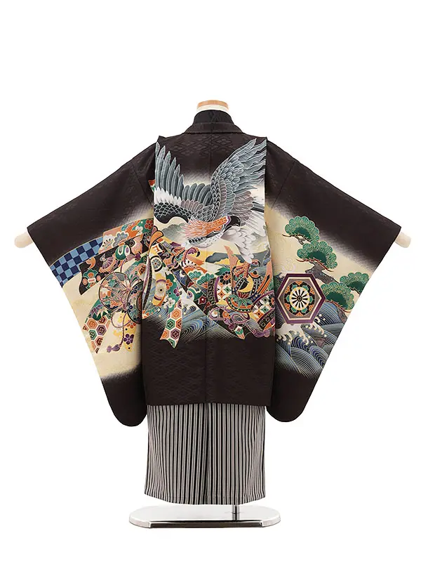 RENCAセレクション(5歳男袴)かんたん七五三5051黒鷹×黒縞袴