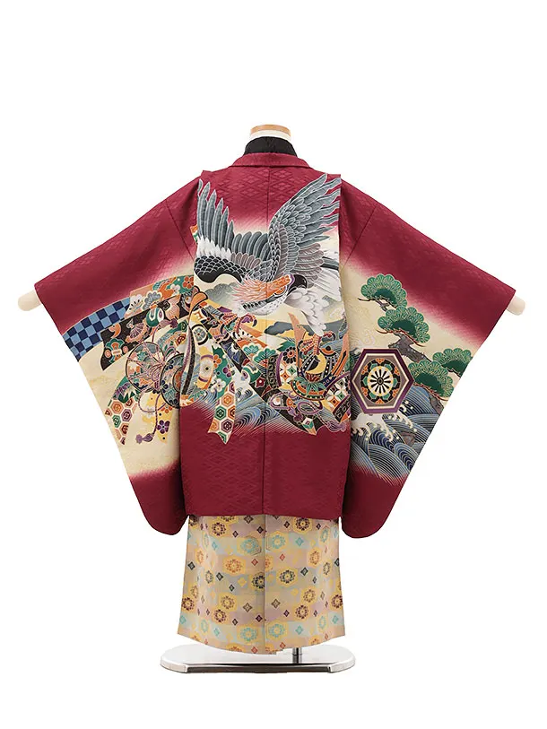 RENCAセレクション(5歳男袴)かんたん七五三5056臙脂鷹×ベージュ紋袴