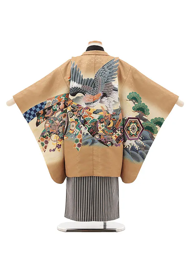 RENCAセレクション(5歳男袴)かんたん七五三5057金茶鷹×黒縞袴