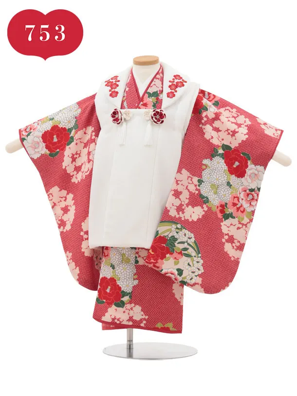 RENCA(3歳女児被布)3029 白刺繍梅×赤疋田柄花丸
