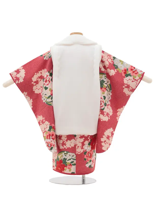 RENCA(3歳女児被布)3029 白刺繍梅×赤疋田柄花丸