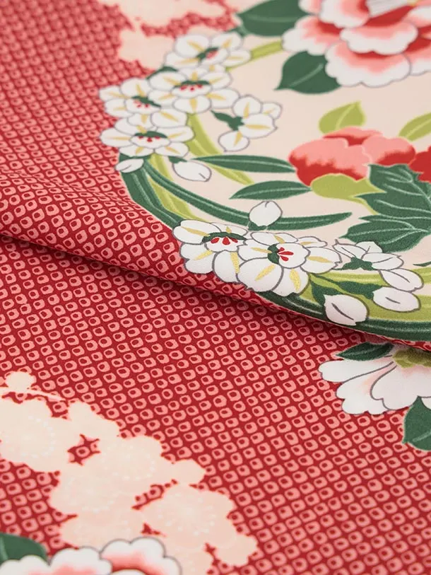 RENCA(3歳女児被布)3029 白刺繍梅×赤疋田柄花丸