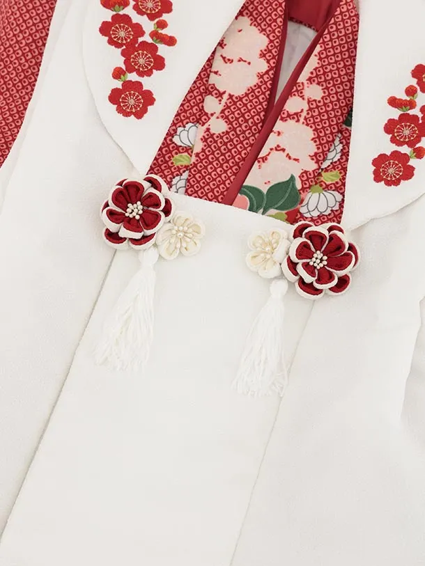 RENCA(3歳女児被布)3029 白刺繍梅×赤疋田柄花丸