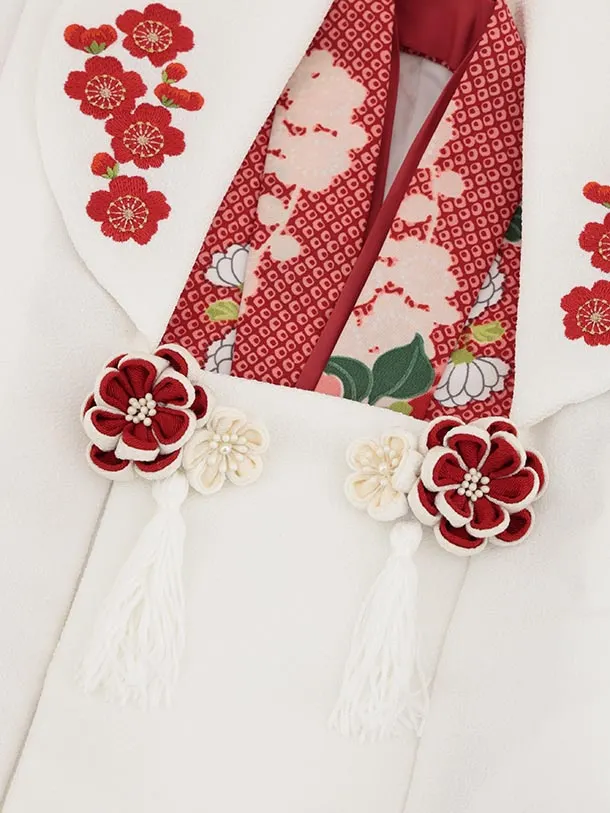 RENCA(3歳女児被布)3029 白刺繍梅×赤疋田柄花丸