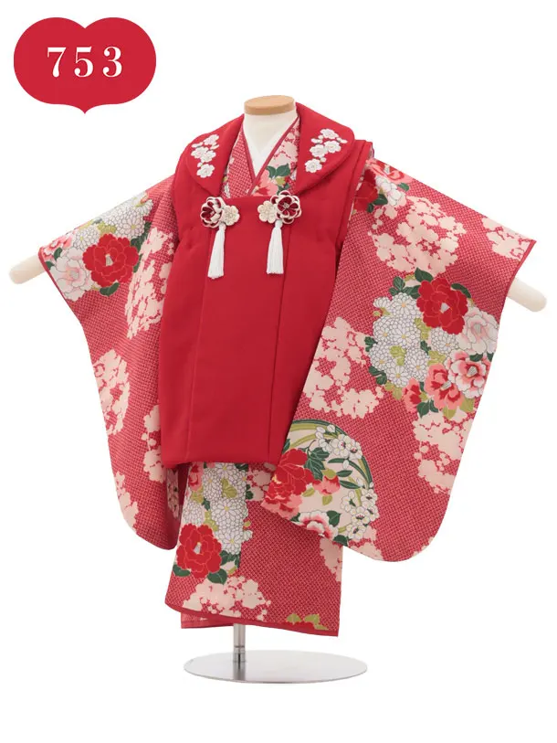 RENCA(3歳女児被布)3030 赤刺繍梅×赤疋田柄花丸