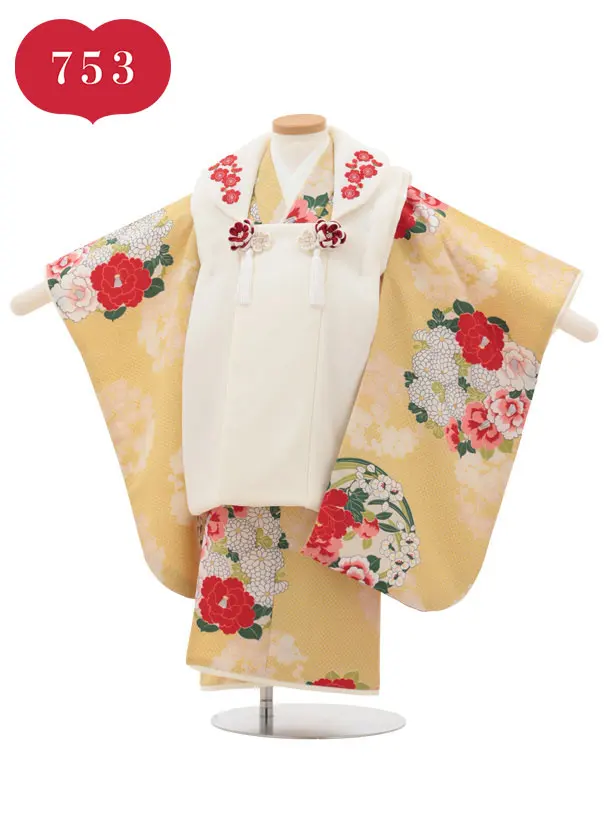 RENCA(3歳女児被布)3031 クリーム刺繍梅×黄疋田柄花丸