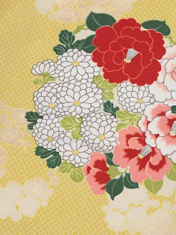 RENCA(3歳女児被布)3031 クリーム刺繍梅×黄疋田柄花丸
