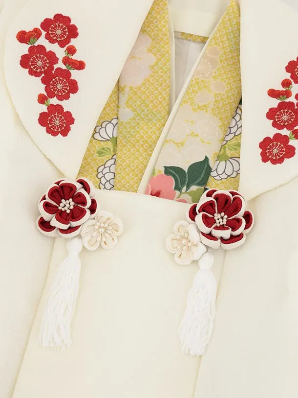 RENCA(3歳女児被布)3031 クリーム刺繍梅×黄疋田柄花丸