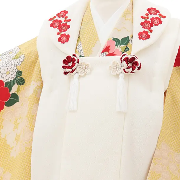 RENCA(3歳女児被布)3031 クリーム刺繍梅×黄疋田柄花丸