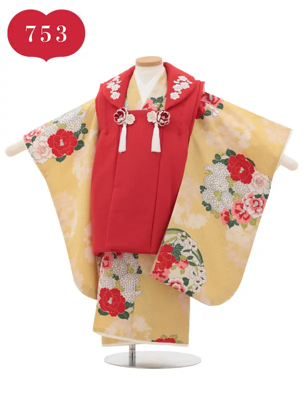 RENCA(3歳女児被布)3032 朱色刺繍梅×黄疋田柄花丸