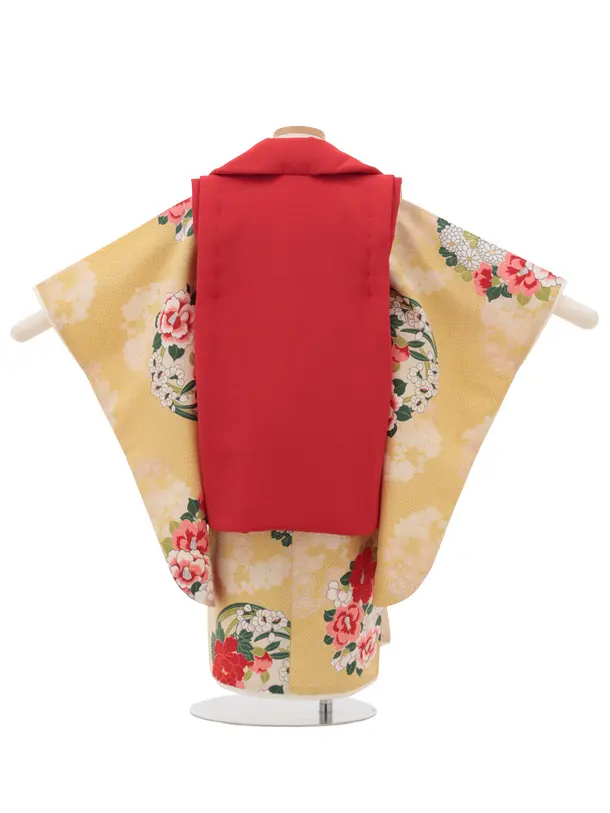 RENCA(3歳女児被布)3032 朱色刺繍梅×黄疋田柄花丸