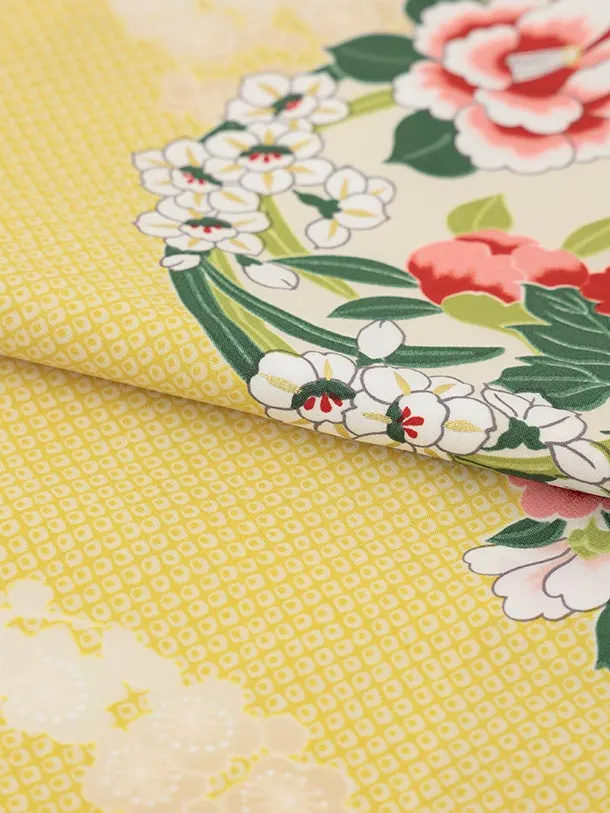 RENCA(3歳女児被布)3032 朱色刺繍梅×黄疋田柄花丸