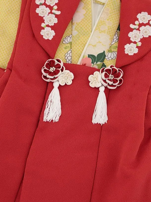 RENCA(3歳女児被布)3032 朱色刺繍梅×黄疋田柄花丸