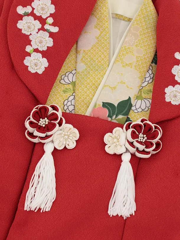 RENCA(3歳女児被布)3032 朱色刺繍梅×黄疋田柄花丸