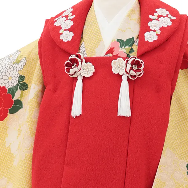 RENCA(3歳女児被布)3032 朱色刺繍梅×黄疋田柄花丸