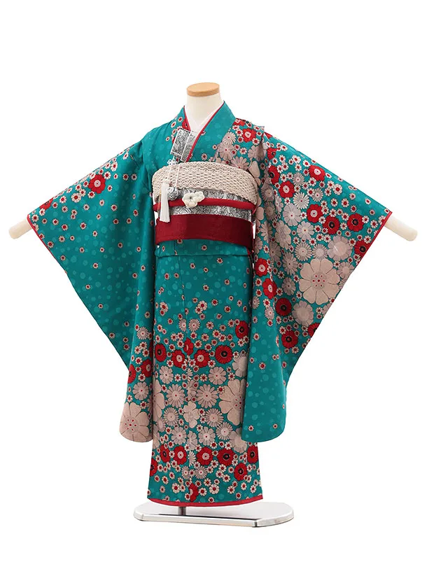 RENCAセレクション(5歳女児結び帯)5001 濃ターコイズ レトロフラワー