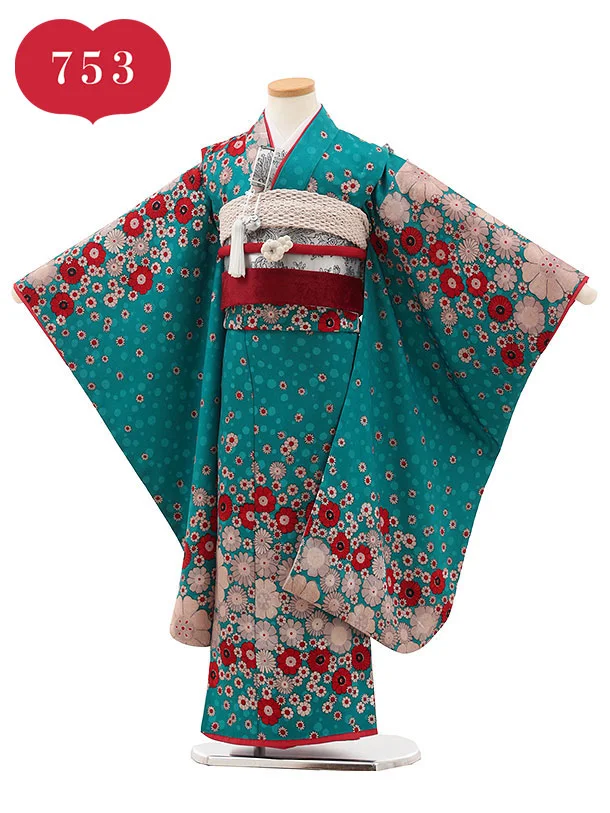 RENCAセレクション(7歳女児結び帯)7001 濃ターコイズ  レトロフラワー