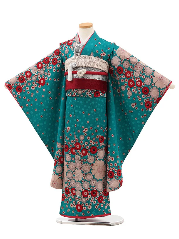 RENCAセレクション(7歳女児結び帯)7001 濃ターコイズ  レトロフラワー