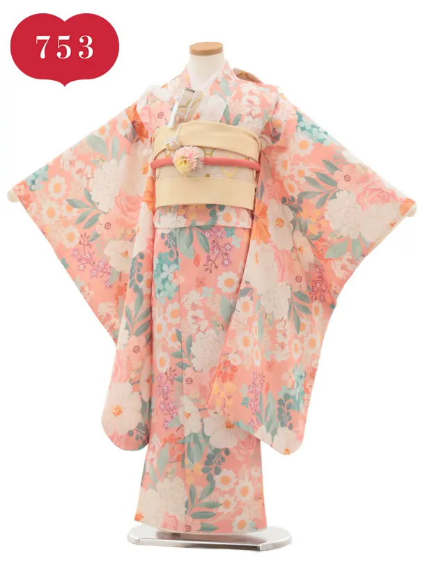 RENCAセレクション(7歳女児結び帯)7004オレンジ  カラフルフラワー