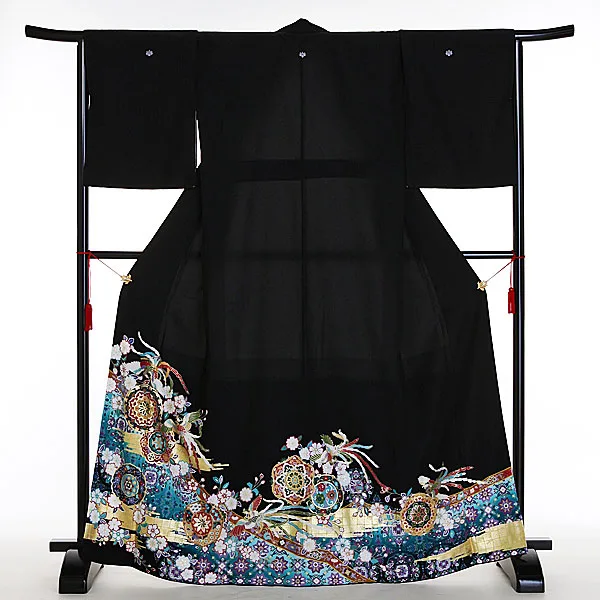 黒留袖レンタル2033 青 鳳凰 手鏡花