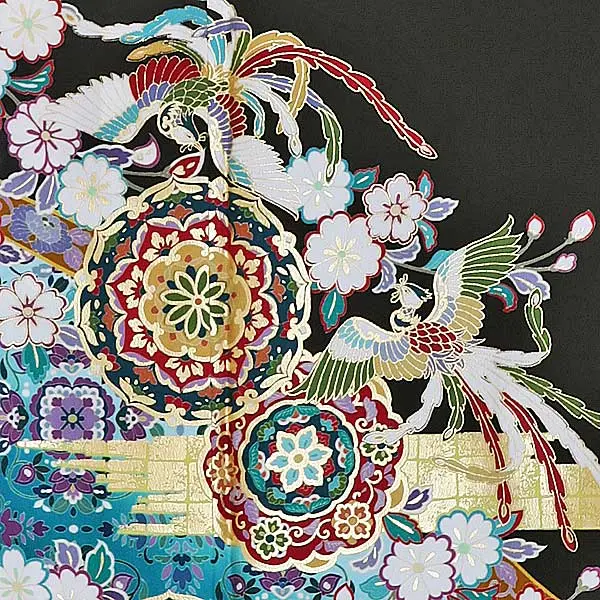 黒留袖レンタル2033 青 鳳凰 手鏡花