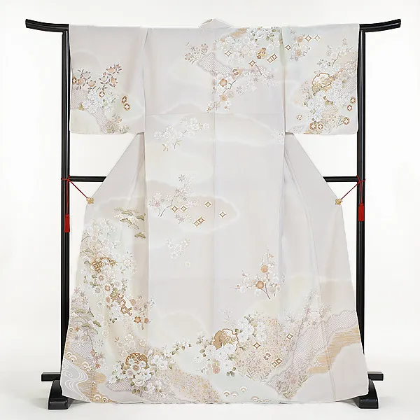 訪問着0068 うすパールグレー卯花色 祝四季の花