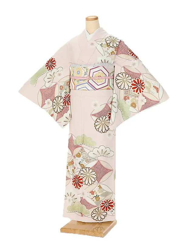 訪問着0074 紅一点 ピンク 七宝に菊