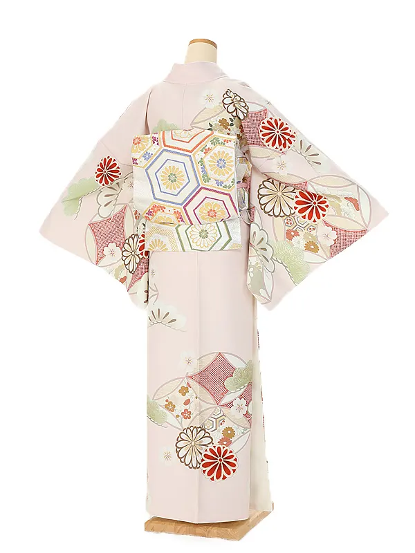 訪問着0074 紅一点 ピンク 七宝に菊