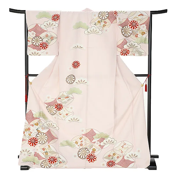 訪問着0074 紅一点 ピンク 七宝に菊